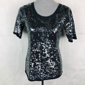 BCBGMAXAZRIA Grey Sequin Short Sleeve Top